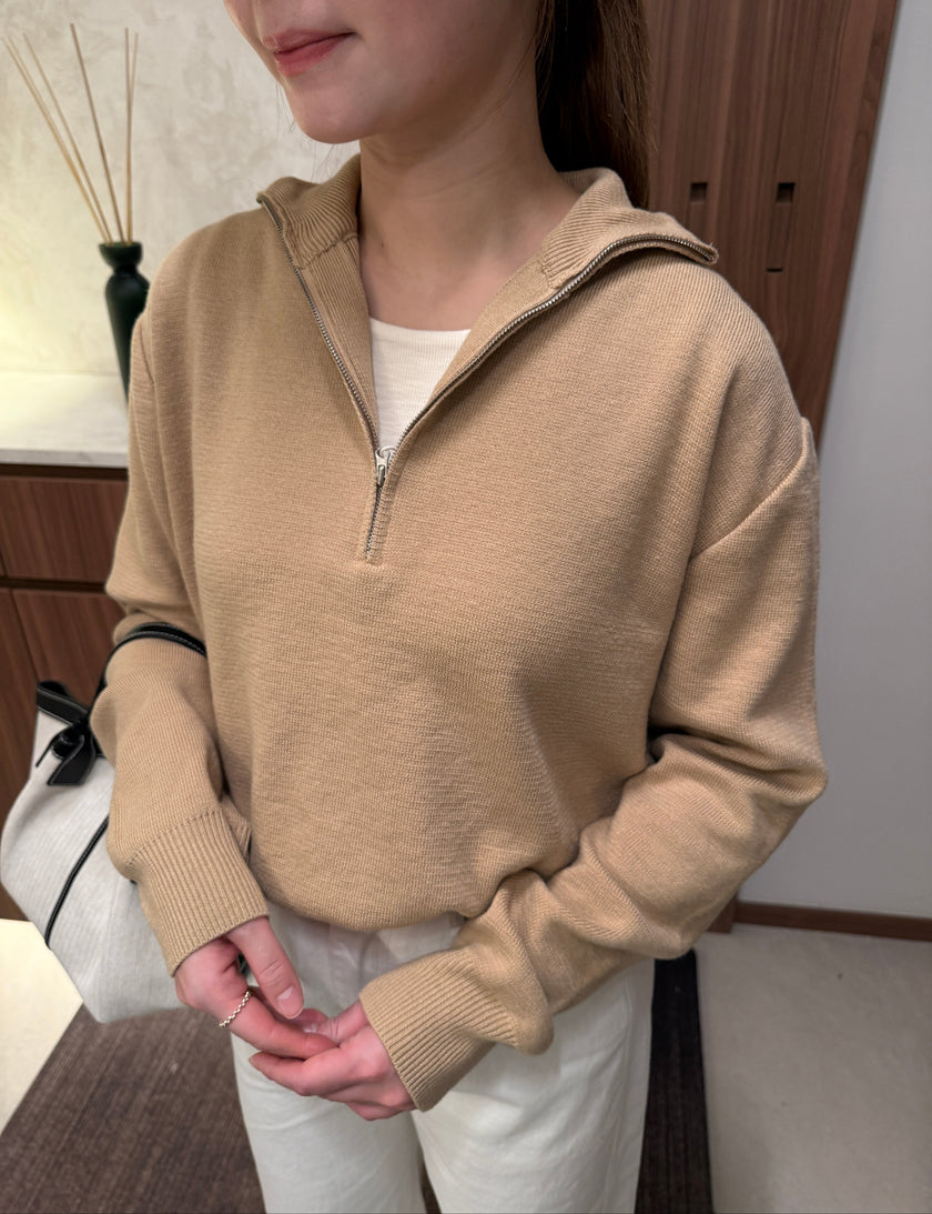 [Premium] 法式翻領半拉鍊針織top